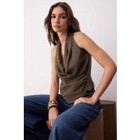 HOXTON GAL Women's Draped Wrap V-Neck Modal Sleeveless Top in Khaki | Size: 14