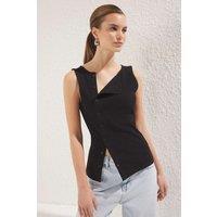 HOXTON GAL Women's Asymmetric Button Front Ribbed Knit Sleeveless Top in Black | Size: XL