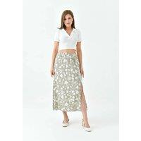 HOXTON GAL Women's A-Line Woven Skirt with Elastic Waist & Side Slit with Animal Print in Khaki | Size: 8