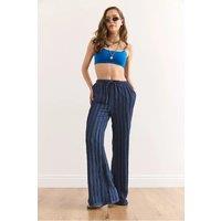 HOXTON GAL Women's High-Rise Textured Pants with Pockets in Navy | Size: Small