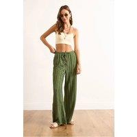 HOXTON GAL Women's High-Rise Textured Pants with Pockets in Khaki | Size: Small