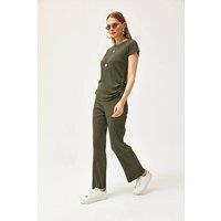 HOXTON GAL Women's Ribbed Two-Piece Set with Side-Ruched Top & Wide-Leg Pants in Dark Green | Size: Small