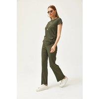 HOXTON GAL Women's Ribbed Two-Piece Set with Side-Ruched Top & Wide-Leg Pants in Dark Green | Size: Medium