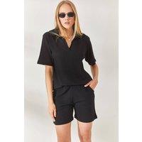 HOXTON GAL Women's Regular Fit Ribbed 2-Piece Set with Polo Top & Pocket Shorts in Black | Size: Large