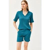 HOXTON GAL Women's Regular Fit Ribbed 2-Piece Set with Polo Top & Pocket Shorts in Dark Blue | Size: Large