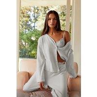 HOXTON GAL Women's Knitted Pyjama Set with Button Up Cardigan & Straight Leg Trousers in Grey | Size: Small