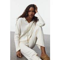 HOXTON GAL Women's Knitted Pyjama Set with Button Up Cardigan & Straight Leg Trousers in White | Size: XL