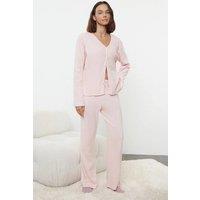 HOXTON GAL Women's Knitted Pyjama Set with Button Up Cardigan & Straight Leg Trousers in Pink | Size: Medium