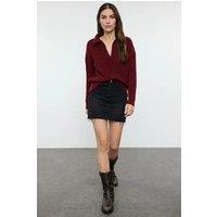HOXTON GAL Women's Relaxed Fit V-Neck Ribbed Knit Long Sleeve Polo Collar Sweater Jumper in Burgundy | Size: Small