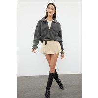 HOXTON GAL Women's Relaxed Fit V-Neck Ribbed Knit Long Sleeve Polo Collar Sweater Jumper in Dark Grey | Size: Small