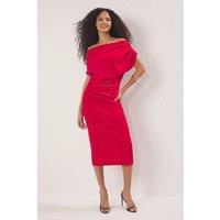 HOXTON GAL Women's Midi Knit Bodycon Dress with Ruched Waist & Draped Shoulder in Red | Size: XL