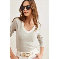 HOXTON GAL Women's V-Neck Ribbed Stretch Blouse with Contrast Neck Detail in Grey | Size: Large/XL