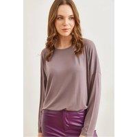 HOXTON GAL Women's Draped Viscose Blouse with Crew Neck & Batwing Sleeves in Taupe | Size: Small