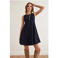HOXTON GAL Women's Sleeveless Crew Neck Flared Knit Mini Dress in Navy | Size: Medium