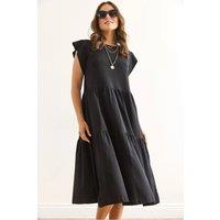 HOXTON GAL Women's Cotton Ruffle-Sleeve Tiered Midi Dres in Black | Size: Small