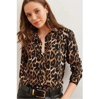HOXTON GAL Women's Leopard Print Draped Long Sleeve Viscose Shirt in Camel | Size: Medium