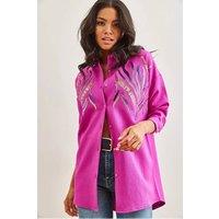 HOXTON GAL Women's Oversized Sequin Embellished Oversized Wool Effect Shirt in Fuchsia | Size: Small