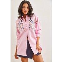 HOXTON GAL Women's Oversized Sequin Embellished Oversized Wool Effect Shirt in Pink | Size: Small