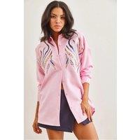 HOXTON GAL Women's Oversized Sequin Embellished Oversized Wool Effect Shirt in Pink | Size: Medium