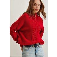 HOXTON GAL Women's High-Neck Cable Knit Regular Fit Jumper in Red | Size: Large