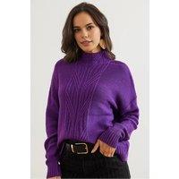 HOXTON GAL Women's High-Neck Cable Knit Regular Fit Jumper in Purple | Size: Medium