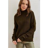HOXTON GAL Women's High-Neck Cable Knit Regular Fit Jumper in Khaki | Size: Large