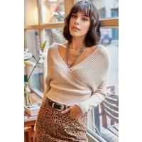 HOXTON GAL Women's Front & Back V-Neck Cropped Regular Fit Knit Sweater in Stone | Size: Large