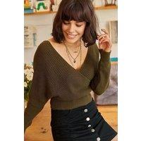 HOXTON GAL Women's Front & Back V-Neck Cropped Regular Fit Knit Sweater in Khaki | Size: Small