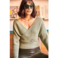 HOXTON GAL Women's Front & Back V-Neck Cropped Regular Fit Knit Sweater in Light Khaki | Size: Large