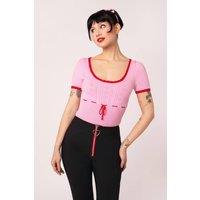 Hell Bunny Women's Hannah Pink Heart Pattern Knitted Top with Puff Sleeves & Bow | Size: XS