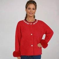 PEACH ACCESSORIES Women's Faux Fur Cuffs & Pearlies Details Cardigan in Red
