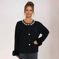 PEACH ACCESSORIES Women's Faux Fur Cuffs & Pearlies Details Cardigan in Black