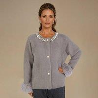 PEACH ACCESSORIES Women's Faux Fur Cuffs & Pearlies Details Cardigan in Grey
