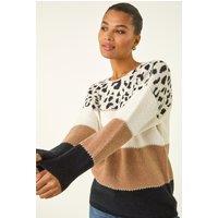 Roman Women's Animal Print Colour Block Jumper in Camel | Size: 18