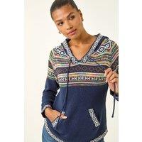 Roman Women's Nordic Print Hooded V-Neck Jumper in Midnight | Size: 10