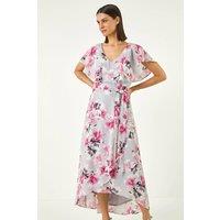 Roman Women's Floral Frill Belted Wrap Dress in Grey | Size: 14