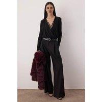WOVCOR Women's Lace Trim Wrap Front Long Sleeve Bodysuit in Black | Size: 14