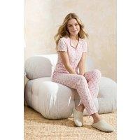 WOVCOR Women's Ditsy Floral Ribbon Detail Short Sleeve Cotton Ribbed Pyjama Set in Pink | Size: XS