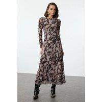 WOVCOR Women's Abstract Print Mesh Maxi Dress with Draped Waist Detail | Size: Medium