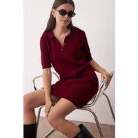 WOVCOR Women's Button Placket Polo Collar Knitted Mini Dress in Burgundy | Size: Large
