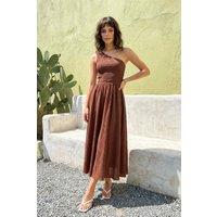 WOVCOR Women's One Shoulder Textured Gathered Waist Midi Dress in Brown | Size: 8