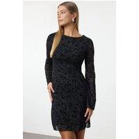 WOVCOR Women's Floral Mesh Long Sleeve Mini Dress with Sheer Overlay in Black | Size: Medium