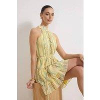 WOVCOR Women's Printed Halter Neck Tiered Mini Dress with Waist Tie | Size: 10