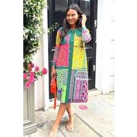 CY Women's Artistic Scarf Print Full Pleated Buttons Fasten Blazer Dress In Green