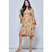 Jolie Moi Women's Crochet Trim Midi Holiday Dress in Khaki | Size: Large