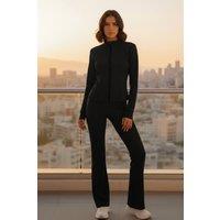 Femme Luxe Women's Zip Up Long Sleeve Lined Top with Flare Trouser Set in Black | Size: 10-12