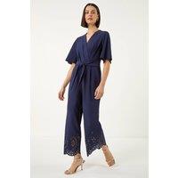 Roman Women's Laser Cut Hem Wrap Front Jumpsuit in Navy | Size: 18