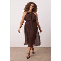 WOVCOR Women's Pleated Halter Neck Midi Dress with Waist Detail in Brown | Size: 16