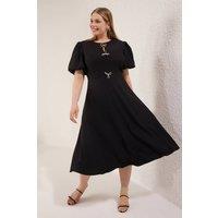 WOVCOR Women's Crew Neck Bow Detail Puff Sleeve Midi Dress in Black | Size: 14