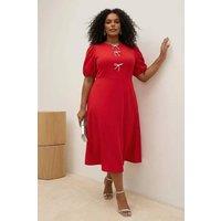 WOVCOR Women's Crew Neck Bow Detail Puff Sleeve Midi Dress in Red | Size: 14